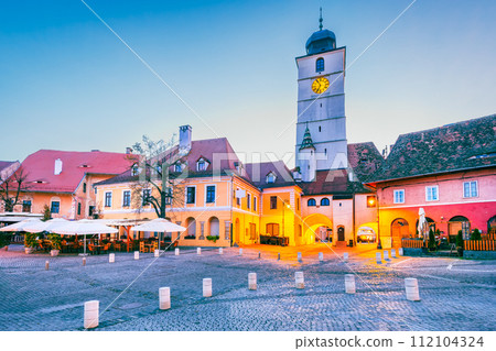 Sibiu, Romania. Morning dusk with Council Tower in Lesser Square. Medieval city in Transylvania. 112104324