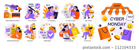 E-commerce set. Online shopping with a big discount and special offer. Promotion campaign. Purchasing goods in mobile app or social media blog. Flat vector illustration 112104333