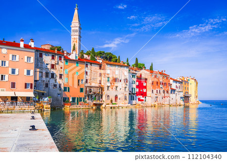 Rovinj, Croatia. Old town harbor, sunny day with blue sky. Adriatic Sea, Istria Peninsula. 112104340