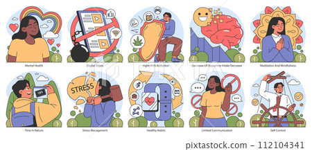 Dopamine fasting set. Engaging in mindful practices and reducing addictive behaviors. Fostering mental wellness, embracing nature, and practicing self-control. Flat vector illustration. Dopamine fasting set. Engaging in mindful practices and reducing addictive behaviors. Fostering mental wellness, embracing nature, and practicing self-control. Flat vector illustration. 112104341
