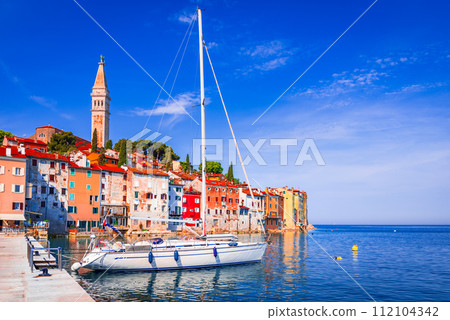 Rovinj, Croatia. Old town harbor, sunny day with blue sky. Adriatic Sea, Dalmatia coastline, Istria. 112104342