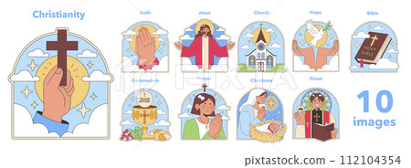 Christianity set. Sacred symbols and religious practices. Belief in Jesus and the Bible. Observance of Christmas and Communion. Flat vector illustration. 112104354