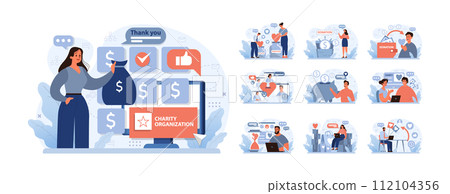 Charity and charitable foundation set. Help for people in need. Humanitarian aid, donations, volunteers or Non-governmental, nonprofit organizations support. Flat vector illustration 112104356