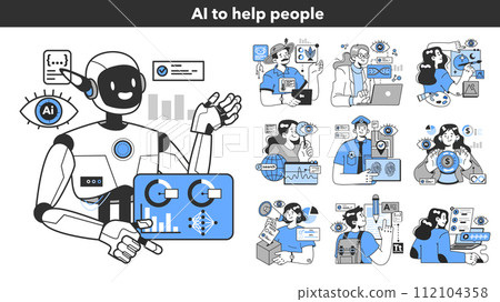 Neural network helping people with daily life and work tasks set. Self-learning computing system processing different types of data. Deep machine learning technology. Flat vector illustration 112104358
