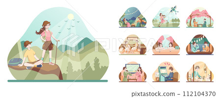 Asian people enjoying their free time set. Japanese characters performing traditional leisure activities and doing hobbies. Sport, festival activities and onsen. Flat vector illustration Asian people enjoying their free time set. Japanese characters performing traditional leisure activities and doing hobbies. Sport, festival activities and onsen. Flat vector illustration 112104370