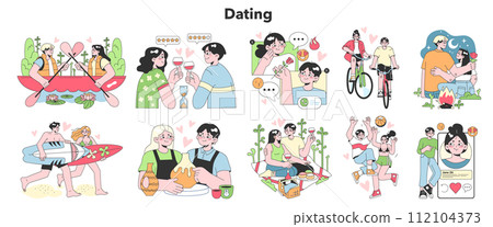 Dating set. Cute romantic couple communicating on a date. Cute woman and man in love spend time together. Relationship leisure. Flat vector illustration Dating set. Cute romantic couple communicating on a date. Cute woman and man in love spend time together. Relationship leisure. Flat vector illustration 112104373