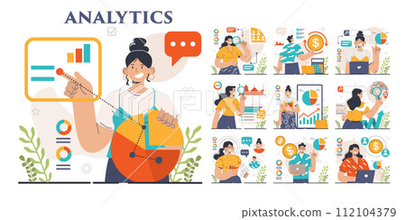 Business analytics set. Data examination and strategy development. Financial operation optimization, market research and statistics processing. Flat vector illustration 112104379