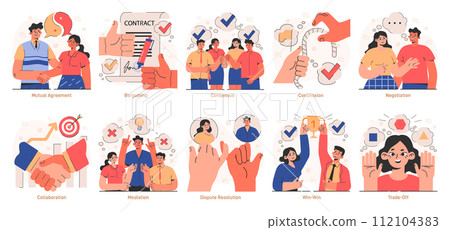Compromise set. Finding common ground and search for mutual agreement. Communication, empathy and trust between characters. Establishing a cooperative relationship. Flat vector illustration 112104383