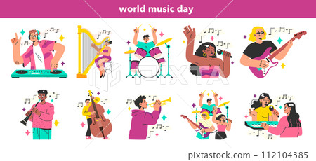 Performing musicians set. Characters playing musical instruments and singing with microphone. Rock, jazz or orchestra member playing music. Flat vector illustration 112104385