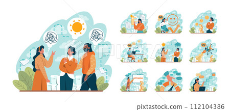Positive thinking and optimism concept set. Employee motivation and determination. Business ambition and confidence. Psychology idea. Flat vector illustration 112104386