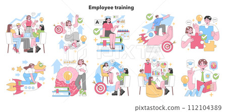 Employee Training set. Diverse teams collaborate and learn. Brainstorming sessions, rocketing aspirations, puzzle solutions. Skill enhancement, success goals. Flat vector illustration 112104389