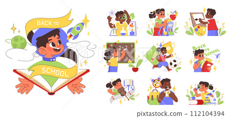 Back to school set. Children doing school subject research. Happy girls and boys making art and doing sport. Multidisciplinary studying, academic knowledge gaining. Flat vector illustration 112104394