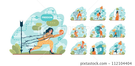 Freedom concept set. Person flying free out of cage, without chains and barbed wire. Path to the light, the ability to act or change without constraint. Flat vector illustration 112104404