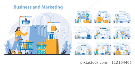 Business and Marketing set. E-commerce solutions and digital strategies. Engaging online shopping, effective SEO, and web services. Flat vector illustration. 112104405