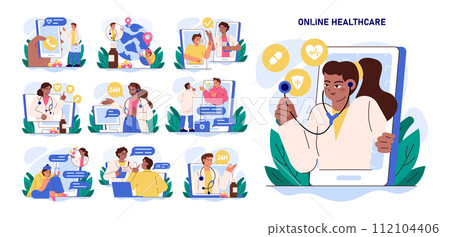 Online consultation with a doctor set. Remote medical treatment by videocalling on a smartphone. Sick character with a heat chatting with medical worker on smartphone. Flat vector illustration 112104406