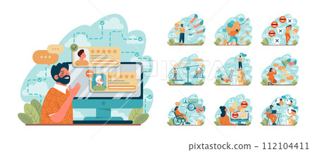 Discrimination set. Bias in society, different people inequality. Public disapproval concept, social intolerance. Accusation and censure in business sphere. Flat vector illustration 112104411