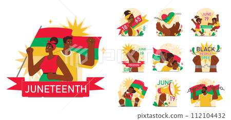Juneteenth set. Independence and emancipation day of black people in USA. Annual holiday, celebrating freedom of african-americans. Flat vector illustration Juneteenth set. Independence and emancipation day of black people in USA. Annual holiday, celebrating freedom of african-americans. Flat vector illustration 112104432