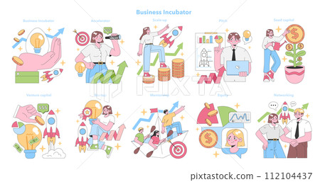 Business Incubator set. Characters navigate startup growth from idea to success. Venture capital, mentorship, equity, and networking moments. Scale-up, pitch, and seed capital. vector illustration Business Incubator set. Characters navigate startup growth from idea to success. Venture capital, mentorship, equity, and networking moments. Scale-up, pitch, and seed capital. vector illustration 112104437