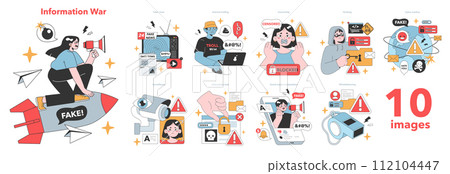 Information War set. Navigating the chaos of misinformation with scenes of fake news, trolling, censorship, hacking, and whistleblowing. Social media's role in shaping perceptions.vector illustration 112104447