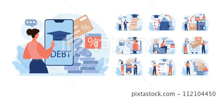 Student debt set. Young graduated character with a financial crisis. Expencive education loan. Payment problem after a graduation. Flat vector illustration 112104450
