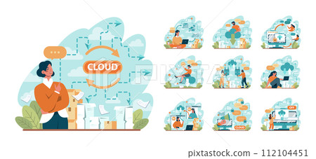 Cloud technology concept set. Data information storage and exchange. Idea of modern digital technology and information management. Vector flat illustration Cloud technology concept set. Data information storage and exchange. Idea of modern digital technology and information management. Vector flat illustration 112104451