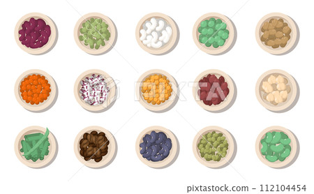 Pulses or legumes in bowels. Natural organic beans top view. Vegetarian salad ingredient full of vitamins. Fat vector illustration 112104454