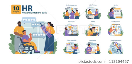Human resources manager set. HR agent competencies and professional tasks. Personnel management specialist hiring, interviewing and maintaining employees wellbeing. Flat vector illustration 112104467