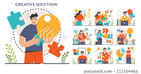 Finding a solution set. Generation of a creative idea in a brainstorm. Character coming up with innovative strategy or way to solve a problem or find the answer. Flat vector illustration 112104468
