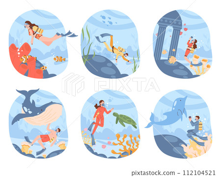 Scuba diving set. Character in diving mask swimming in sea or ocean, observing coral reef. Diver watching marine flora and fauna. Underwater recreational activity or sport. Flat vector illustration. Scuba diving set. Character in diving mask swimming in sea or ocean, observing coral reef. Diver watching marine flora and fauna. Underwater recreational activity or sport. Flat vector illustration. 112104521