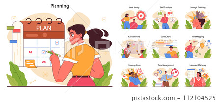 Planning and organization of tasks on board set. Character planning or checking task, appointment or assignment in a planner. Time table organization for performance efficiency. Flat vector 112104525