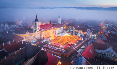 Sibiu, Transylvania - Aerial view of the Christmas, most famous of Romania. 112104536