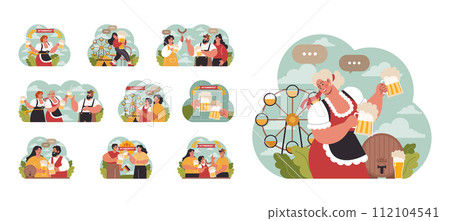 Oktoberfest festival set. Cheerful Bavarian pub worker in a national costume. Character holding a full glass of beer with foam. Traditional annual beer carnival in Germany. Flat vector illustration Oktoberfest festival set. Cheerful Bavarian pub worker in a national costume. Character holding a full glass of beer with foam. Traditional annual beer carnival in Germany. Flat vector illustration 112104541