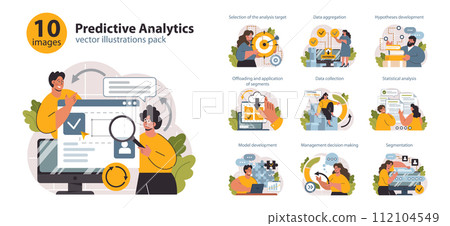 Predictive analytics set. Process of using data to forecast future outcome. Business ideas or decisions development. Character processing big data. Outlook or forecast. Flat vector illustration 112104549