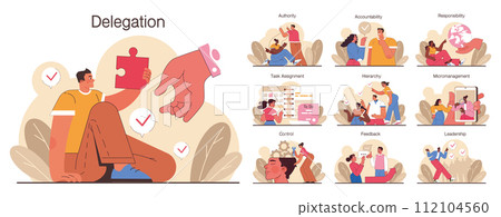 Delegation set. Task assignment and control. Leader or manager transferring a task to a responsible employee. Effective business management. Flat vector illustration Delegation set. Task assignment and control. Leader or manager transferring a task to a responsible employee. Effective business management. Flat vector illustration 112104560