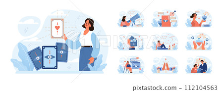 Occultism set. Character performing witchcraft rituals, sorcery and magic. Astrology, tarot fortune-telling and love spelling. Modern and traditional spiritual practises. Flat vector illustration 112104563