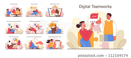 Digital Teamworks concept. Diverse virtual collaboration and management depicted across telecommuting, remote work, and digital tools. Cohesive teamwork in the digital era. Flat vector illustration 112104574