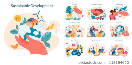 Sustainable development set. Global action for better future, impact on society and environment. Equality, climate preservation, clean energy and responsible consumption. Flat vector illustration Sustainable development set. Global action for better future, impact on society and environment. Equality, climate preservation, clean energy and responsible consumption. Flat vector illustration 112104620