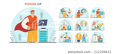 Power up concept set. Energetic character with enthusiasm. Vital energy, strength, inspiration and aspiration idea. Recharge or retreat. Flat vector illustration Power up concept set. Energetic character with enthusiasm. Vital energy, strength, inspiration and aspiration idea. Recharge or retreat. Flat vector illustration 112104621