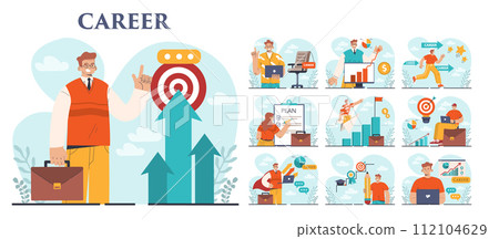 Career development set. Employee qualification increase and skills improvement. Professional growth towards a goal. Confindent employee achieved success. Flat vector illustration Career development set. Employee qualification increase and skills improvement. Professional growth towards a goal. Confindent employee achieved success. Flat vector illustration 112104629