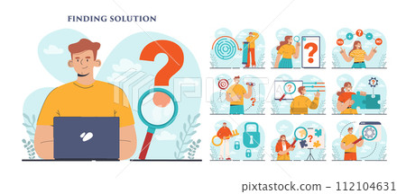 Finding a solution set. Generation of a creative idea in a brainstorm. Character coming up with innovative strategy or way to solve a problem or find the answer. Flat vector illustration Finding a solution set. Generation of a creative idea in a brainstorm. Character coming up with innovative strategy or way to solve a problem or find the answer. Flat vector illustration 112104631