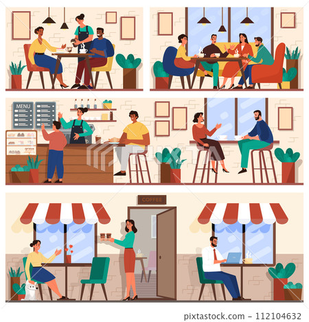 Coffee shop interior. Cafe with people sitting at tables, drinking coffee and talking to each other. Barista making coffee at the counter. Flat vector illustration 112104632