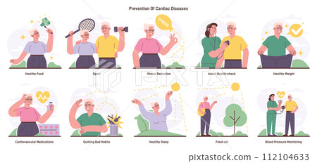 Cardiac disease prevention tips for seniors set. Cardiovascular health and risk management. Healthcare and prophylactic measures to reduce the risk of heart diseases. Flat vector illustration Cardiac disease prevention tips for seniors set. Cardiovascular health and risk management. Healthcare and prophylactic measures to reduce the risk of heart diseases. Flat vector illustration 112104633