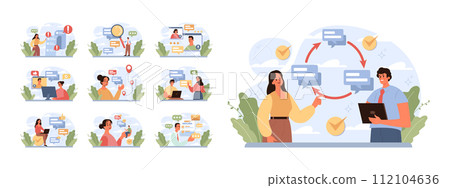 Active listening skill set. Attentive business charcter or employee soft skills development. Conversation, negotiation, emotional intellegence and team work. Flat vector illustration 112104636