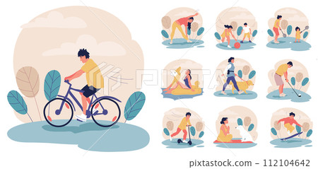 Active lifestyle set. Characters enjoying being outside, doing sport and resting in the city park. Summer activity. Flat vector illustration 112104642