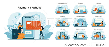 Payment Methods concept. Diverse transaction options for consumers. Digital, NFC, cash, global systems, checks, e-wallets, cryptocurrency, secure online processes. Flat vector illustration 112104645