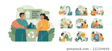 Conscious consumption set. Character with eco-friendly life-style. Sustainable practice in the daily life. Zero waste and recycling. Flat vector illustration 112104649