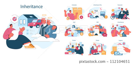Inheritance set. Estate planning, tax considerations, and executor duties. Testament administration, property transferring paper. Flat vector illustration. Inheritance set. Estate planning, tax considerations, and executor duties. Testament administration, property transferring paper. Flat vector illustration. 112104651