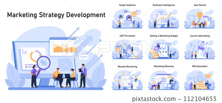 Marketing Strategy Development set. Crafting unique selling propositions and pinpointing target audiences. Budget allocation, monitoring results, and estimating ROI. Dynamic business strategy planning 112104655
