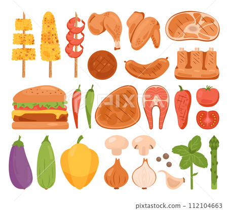 Barbecue set. Grilled food for BBQ party or summer picnic. Steak, chicken, sausages, vegetables, roasted meat, salmon steak and shrimps on a skewer and seasonings. Flat vector illustration 112104663
