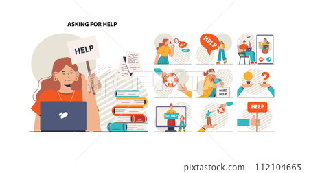 Asking for help concept set. Character seeking support from other people. Reaching for assistance with a problem or difficult situation. Consulting service assistance. Flat vector illustration 112104665